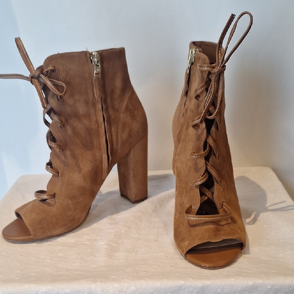 Sam Edelman Brown Suede Lace-Up Peep Toe Boots Size 8